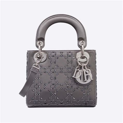 Mini Lady Dior Bag Gray Strass Cannage Satin 